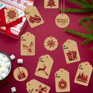 Rustic kraft paper Christmas gift tags with red buffalo plaid deer and tree patterns