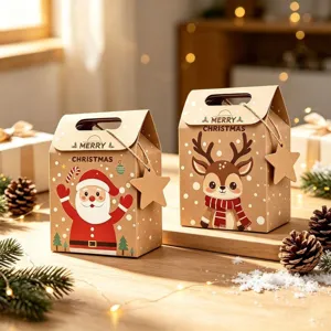 Detail of two Christmas kraft paper gift boxes with Santa and reindeer illustrations
