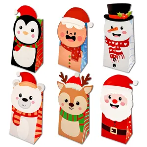 Set of 6 Christmas cartoon paper gift bags with Santa, reindeer and snowman designs