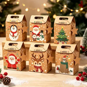 Detailed view of six Christmas kraft paper gift boxes featuring various festive illustrations