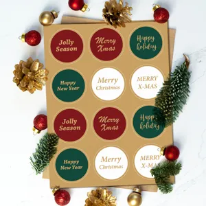 Pegatinas navideñas festivas en papel kraft con saludos dorados para decoración de regalos