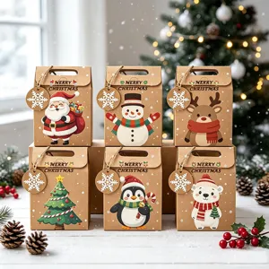 Displaying six unique Christmas kraft paper bag designs with snowflake tags and handles.