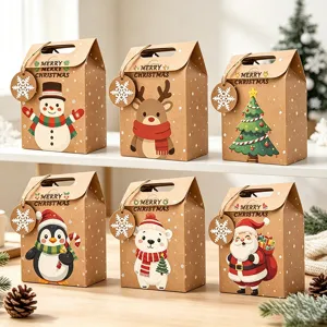 Set of six kraft paper Christmas gift boxes with various festive cartoon characters