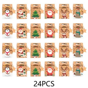 24pcs Christmas kraft paper gift bags with cute festive cartoon designs and star tags