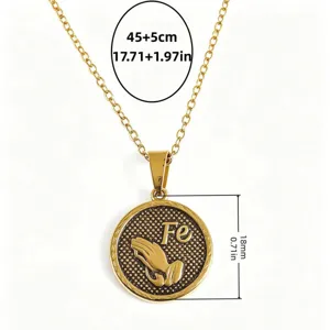 Gold stainless steel praying hands pendant necklace detail view with size measurements.