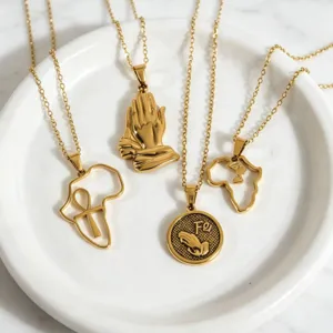 Stainless Steel African Map Folded Hands Pendant Necklace Retro Gold Chain Jewelry Gift For Men Women