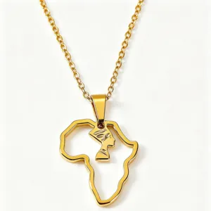 Gold stainless steel Africa map with Queen Nefertiti pendant necklace detail view