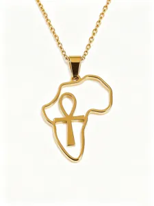 Close-up detail of the gold stainless steel Africa map and Ankh necklace pendant.