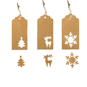 Detailed view of hollow Christmas kraft paper tags with tree, deer, and snowflake shapes