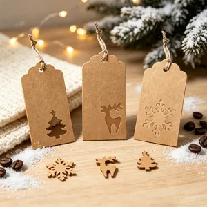 Close-up of Christmas kraft paper gift tags with reindeer and snowflake hollow cutouts.