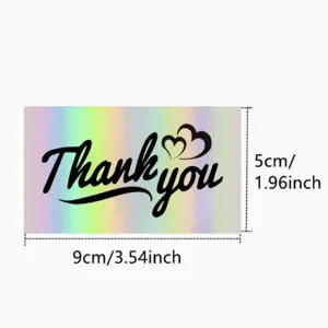 Detailed holographic rainbow thank you card showing 9x5cm and 3.54x1.96 inch dimensions
