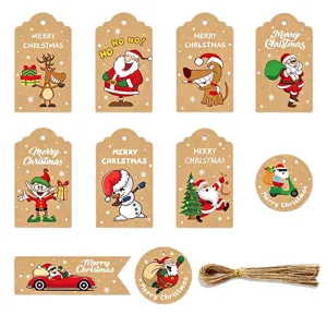 Set of Christmas kraft paper gift tags with jute twine featuring festive Santa designs