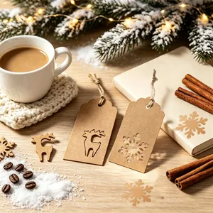 Detailed view of hollowed-out Christmas kraft tags with reindeer and snowflake motifs.
