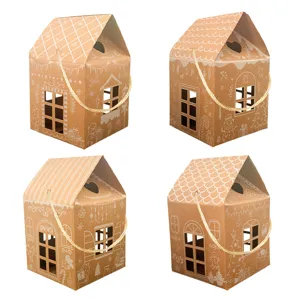 4er-Set festliche Lebkuchenhaus-Süßigkeitenboxen aus Kraftpapier mit Tragegriff
