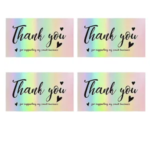 Detailed view of four holographic rainbow Thank You gift packaging cards in a grid.