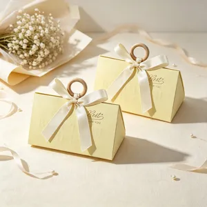 Elegant cream triangular wedding gift boxes with wooden ring handles and silk ribbons