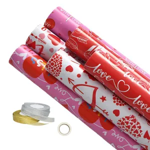 Detailansicht verschiedener Rollen Valentinstag-Geschenkpapier mit Herzmustern und Liebe