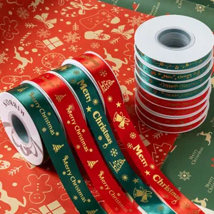 Cinta Estampada en Papel de Oro Navideño Merry Christmas Árbol Copo de Nieve Satén Poliéster para Envolver Regalos DIY