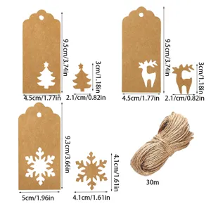 Detailed dimensions of Christmas kraft paper tags with snowflake and reindeer cutouts.