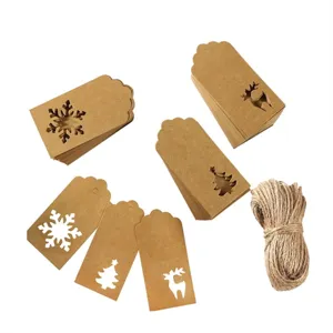 Kraft paper Christmas gift tags with snowflake and reindeer hollow designs and jute twine