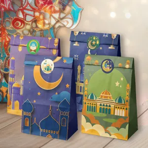12 Stücke Ramadan Eid Mubarak Geschenktüten Aus Papier Mit Aufklebern Mond Moschee Burg Muster Süßigkeitentüten Für Partyzubehör