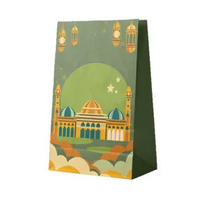 Grüne Ramadan-Geschenktüte mit Moschee-Druck für Party-Leckereien und Süßigkeitenverpackung.