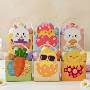 Set bunte Oster-Süßigkeitenboxen mit süßen Hasen- und Küken-Cartoon-Illustrationen