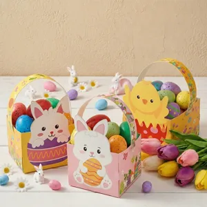 Set aus bunten Oster-Geschenkkörben aus Papier mit süßen Hasen- und Küken-Motiven