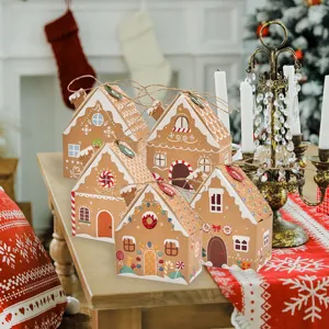 Juego de 5 cajas de regalo de Navidad de papel kraft con forma de casa de jengibre