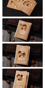 Detail view of laser-cut kraft paper cards with various animal and object patterns