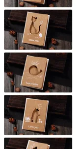 Detailed view of handmade retro kraft paper cards featuring laser-cut animal designs.