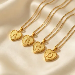 Minimalist Stainless Steel Heart Letter Pendant Necklace With Curb Chain Gold Plated Fashion Jewelry Gift For Women