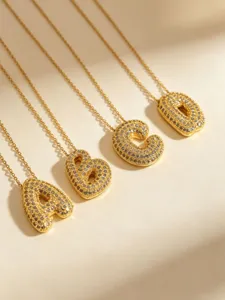 Stainless steel gold plated bubble letter necklace full diamond alphabet pendant jewelry set