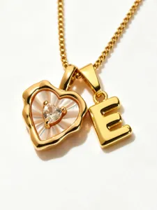 Gold stainless steel mother of pearl heart and initial letter E pendant necklace for women