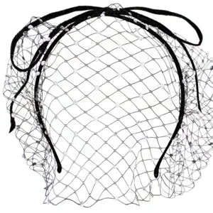 Diadema elegante de velo de malla negra con pedrería y lazo de terciopelo para bodas y fotos