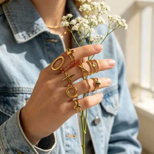 Trendy 18k gold stainless steel geometric statement ring set for women fashion styling detail view.