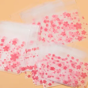 100pcs frosted translucent pink cherry blossom self-adhesive packaging bags for cookies