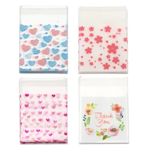 Set of 100 self-sealing food packaging bags with floral and heart patterns for cookies