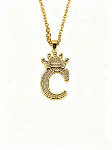 Goldfarbene Kronen-Buchstaben-C-Anhänger-Halskette mit Zirkonia, elegante Schlüsselbeinkette.