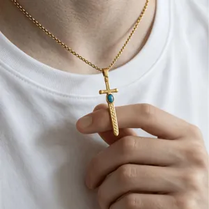 Edelstahl Gold Schwert Halskette mit blauem Türkis Stein Anhänger für Herren Damen