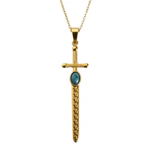 Goldene Edelstahl Schwert Anhänger Halskette mit blauem Stein für Damen und Herren Schmuck