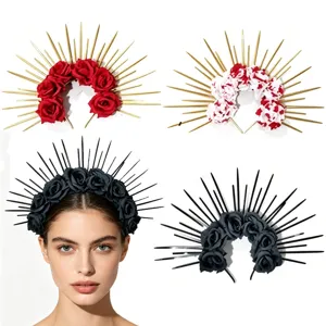 Gothic Halo Crown Headband With Rose Flowers Spikes For Halloween Cosplay Carnival Party Hair Accessories Halo Crown