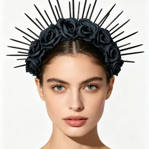 Gothic Halloween black spike halo headband with dark roses detail for cosplay party