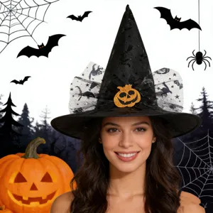 Detailansicht eines schwarzen Halloween-Hexenhuts mit Pailletten-Kürbis für Damen