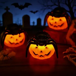 Luz LED Calabaza de Halloween Plástico Araña Gato Adorno Espeluznante Expresión Maléfica Decoración de Mesa Fiesta Juguete