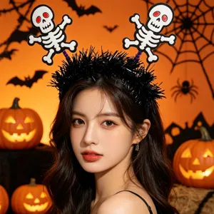 Creative Halloween headband with tinsel and skeletons worn by a model in a festive scene.