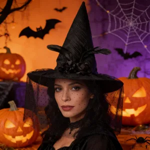 Detaillierte Ansicht eines schwarzen Halloween-Hexenhuts mit Spitzenschleier und Federn
