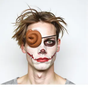 Detailed view of a prank poop eye patch on a model with Halloween clown makeup.