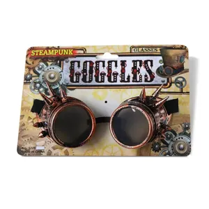 Occhiali steampunk vintage con punte metalliche su confezione decorativa in cartoncino ingranaggi