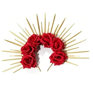 Close-up detail of Halloween red rose and golden spike sunburst halo crown headband.